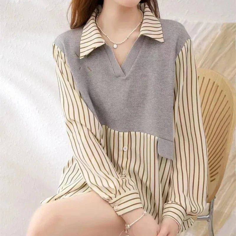 Plus Size / Gray 2024 Spring and autumn best-selling fashion women's lapel long sleeve loose color jacquard pullover sweater