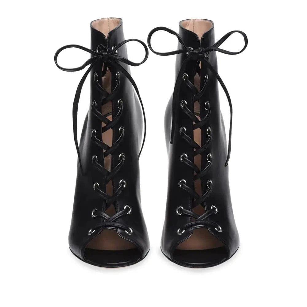 Plus Size High Heel Denim Booties for Women Peep Toe Lace Up Ankle Boots
