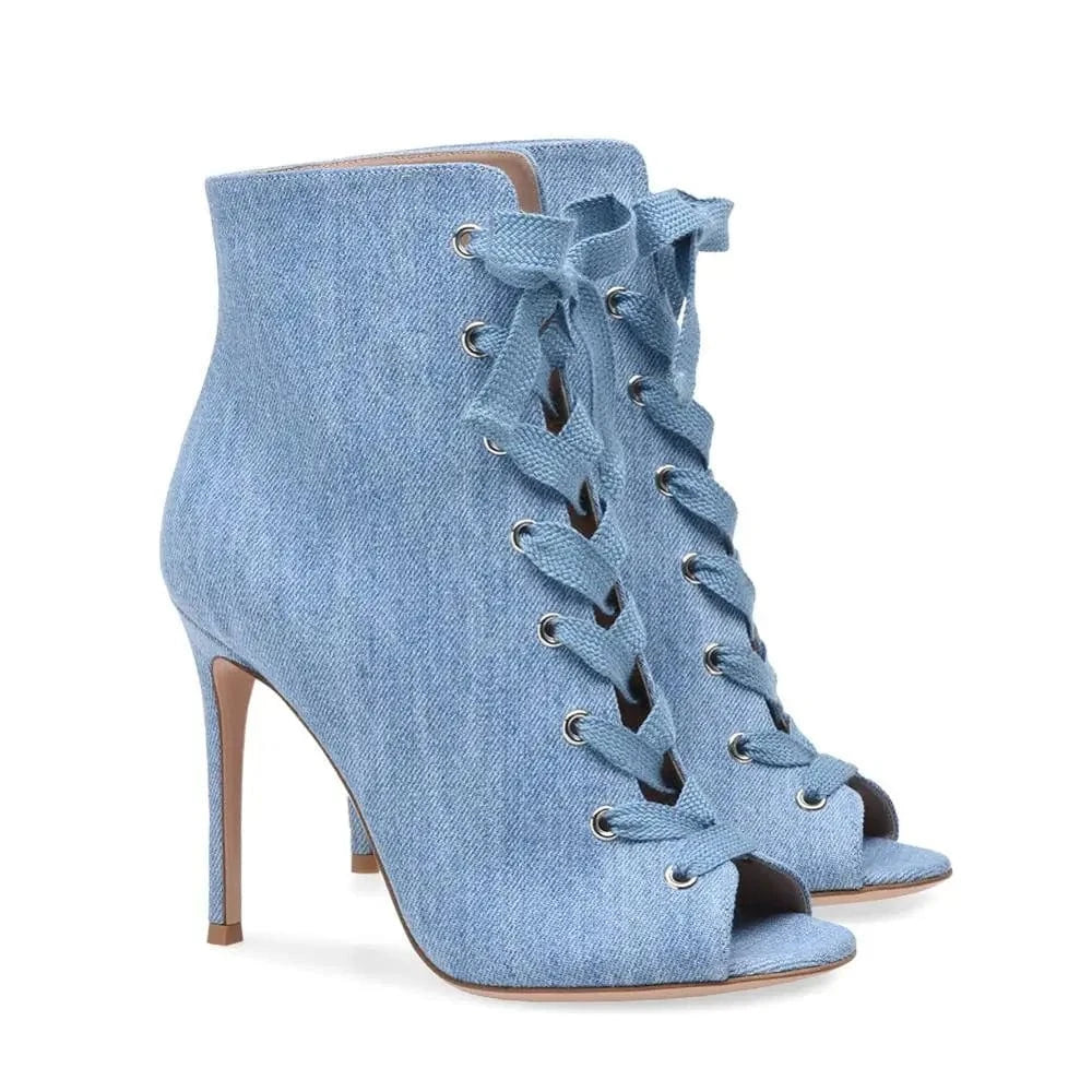 Plus Size High Heel Denim Booties for Women Peep Toe Lace Up Ankle Boots