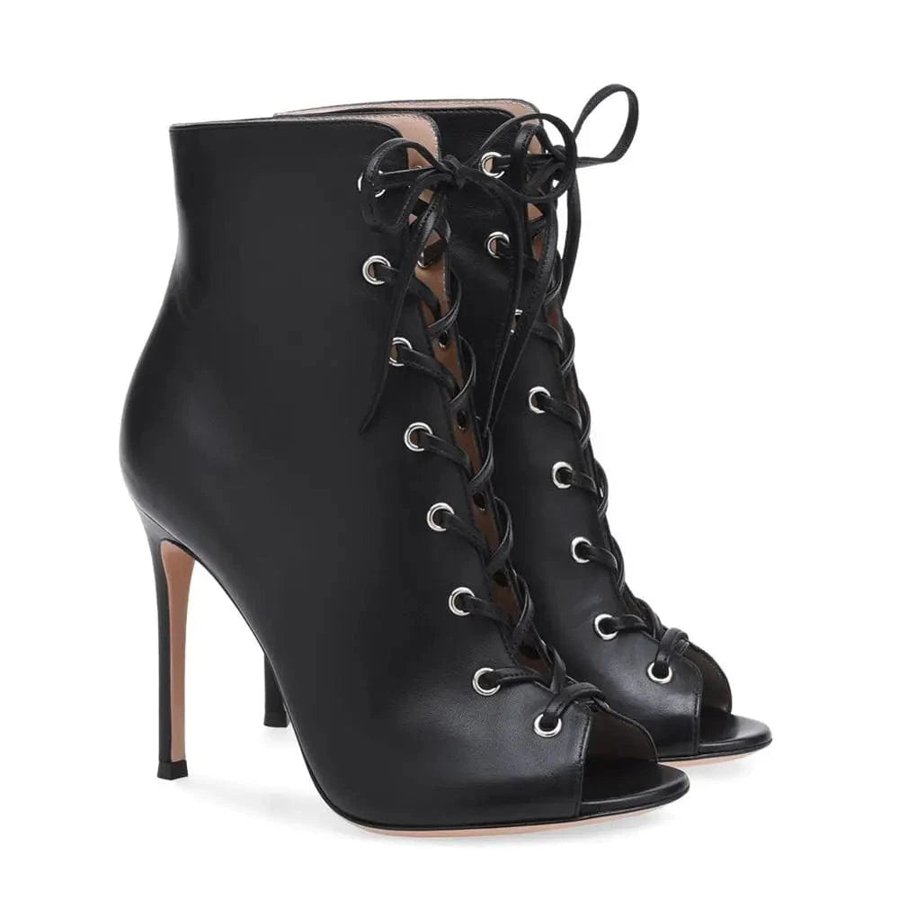 Plus Size High Heel Denim Booties for Women Peep Toe Lace Up Ankle Boots