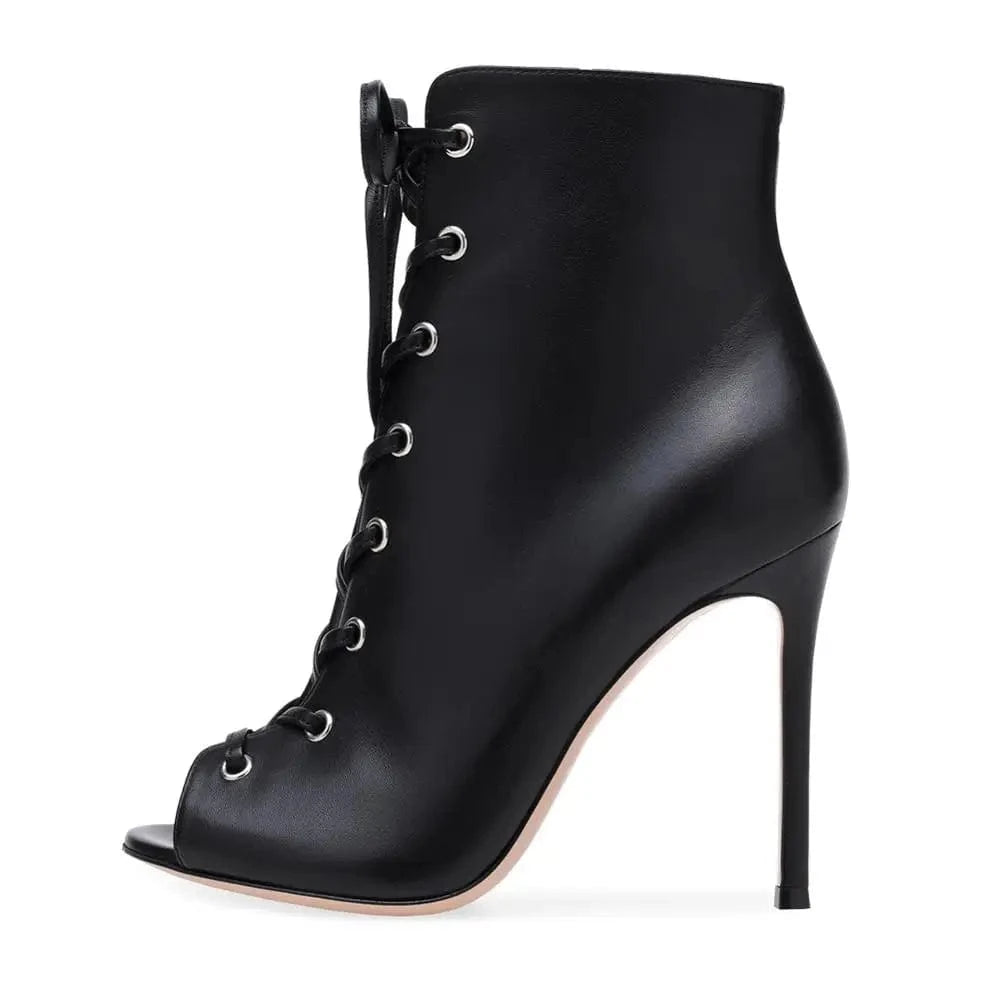 Plus Size High Heel Denim Booties for Women Peep Toe Lace Up Ankle Boots