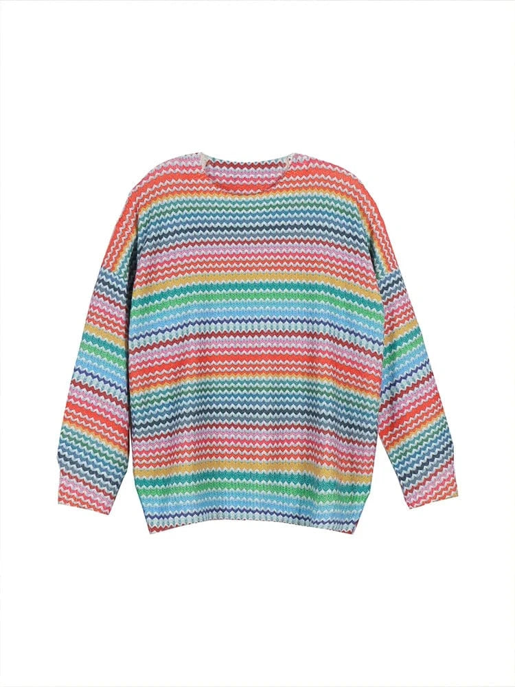 plus Size Hollow Collision Knitted Sweater round Neck Pullover Striped Design Comfortable Fit Women's Fashion Autumn Winter