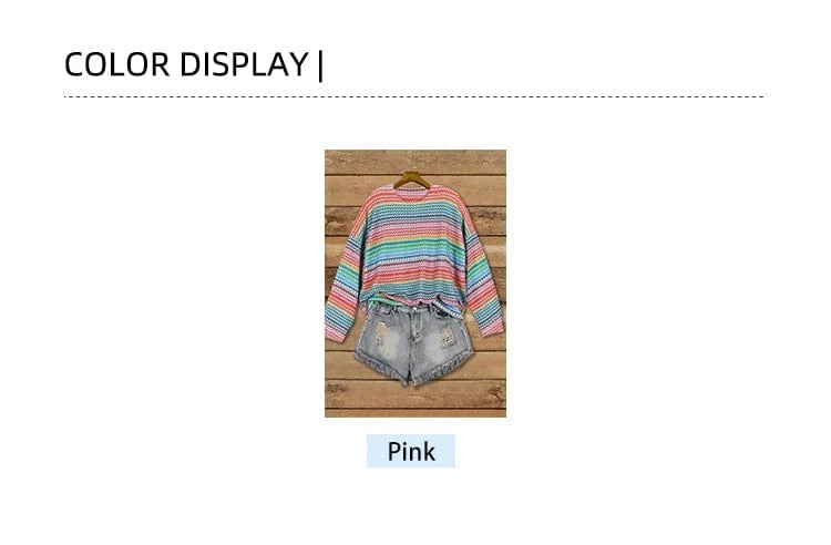 plus Size Hollow Collision Knitted Sweater round Neck Pullover Striped Design Comfortable Fit Women's Fashion Autumn Winter