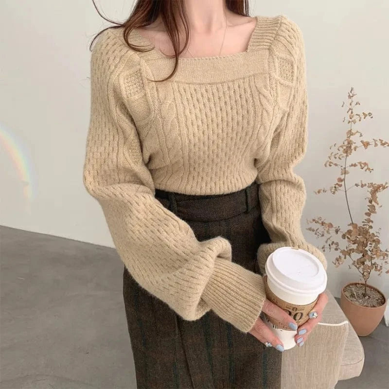 Plus Size / Khaki 2024 Autumn/Winter fashion women's high-quality solid color square collar long sleeve solid color knitted short pullover sweater