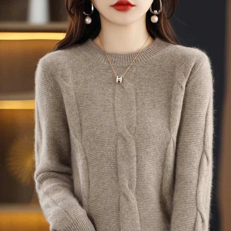 Plus Size / Khaki 2024 Autumn/Winter high-quality best-selling fashion women's solid color crew-neck long-sleeved loose knit pullover sweater