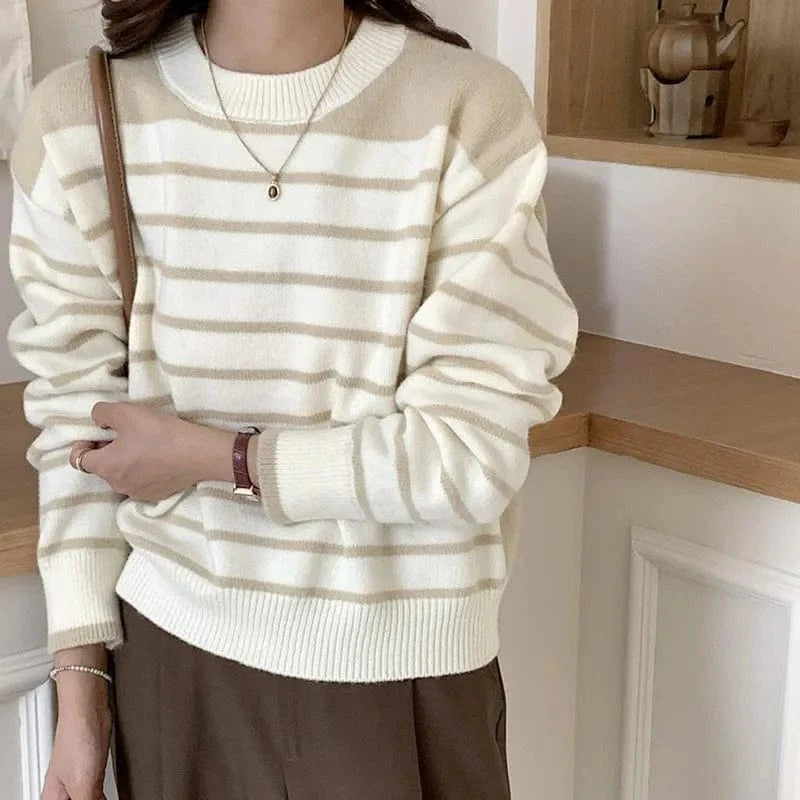 Plus Size / Khaki 2024 Spring and autumn new arrival high quality girls crew neck long sleeve striped loose jacquard knit pullover sweater