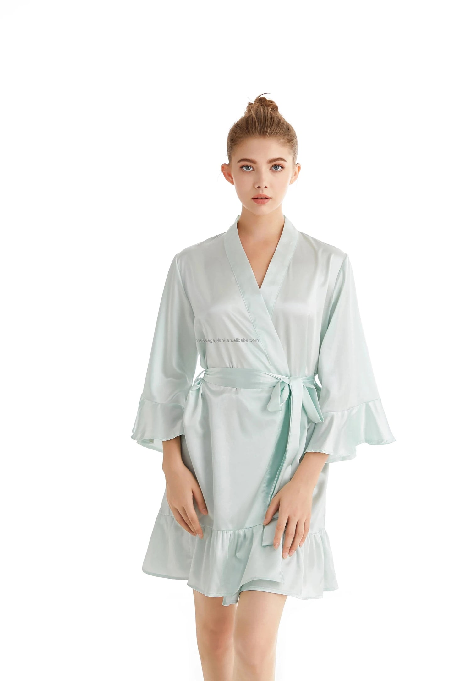plus size / Light cyan 2024 New 8238 Ruffle Satin Wedding Robes for Bridal Robes for Bridesmaid and Bride robes