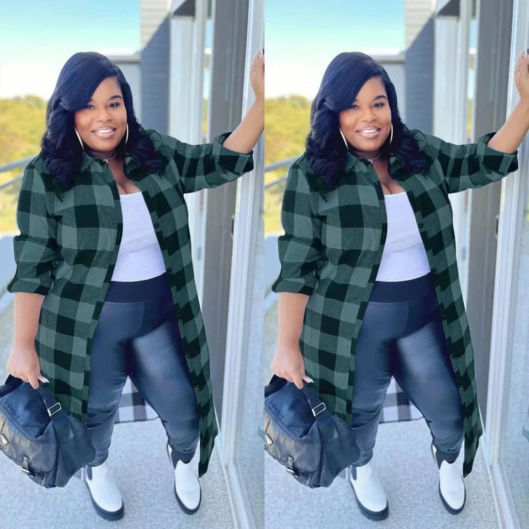 Plus size Long Sleeve Shirt Long Plaid Jacket Winter and Autumn Jacket Patchwork Plaid Jacket