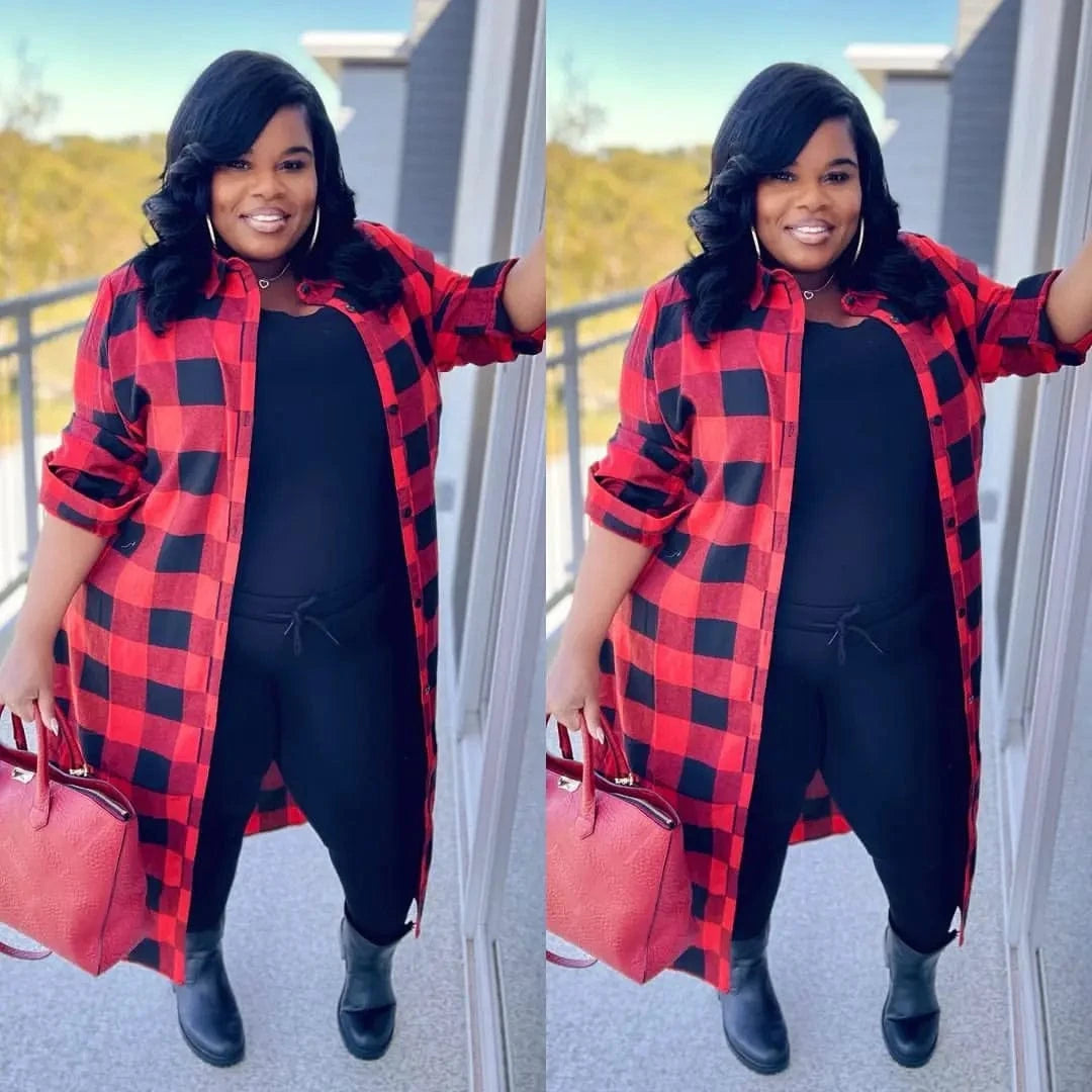 Plus size Long Sleeve Shirt Long Plaid Jacket Winter and Autumn Jacket Patchwork Plaid Jacket