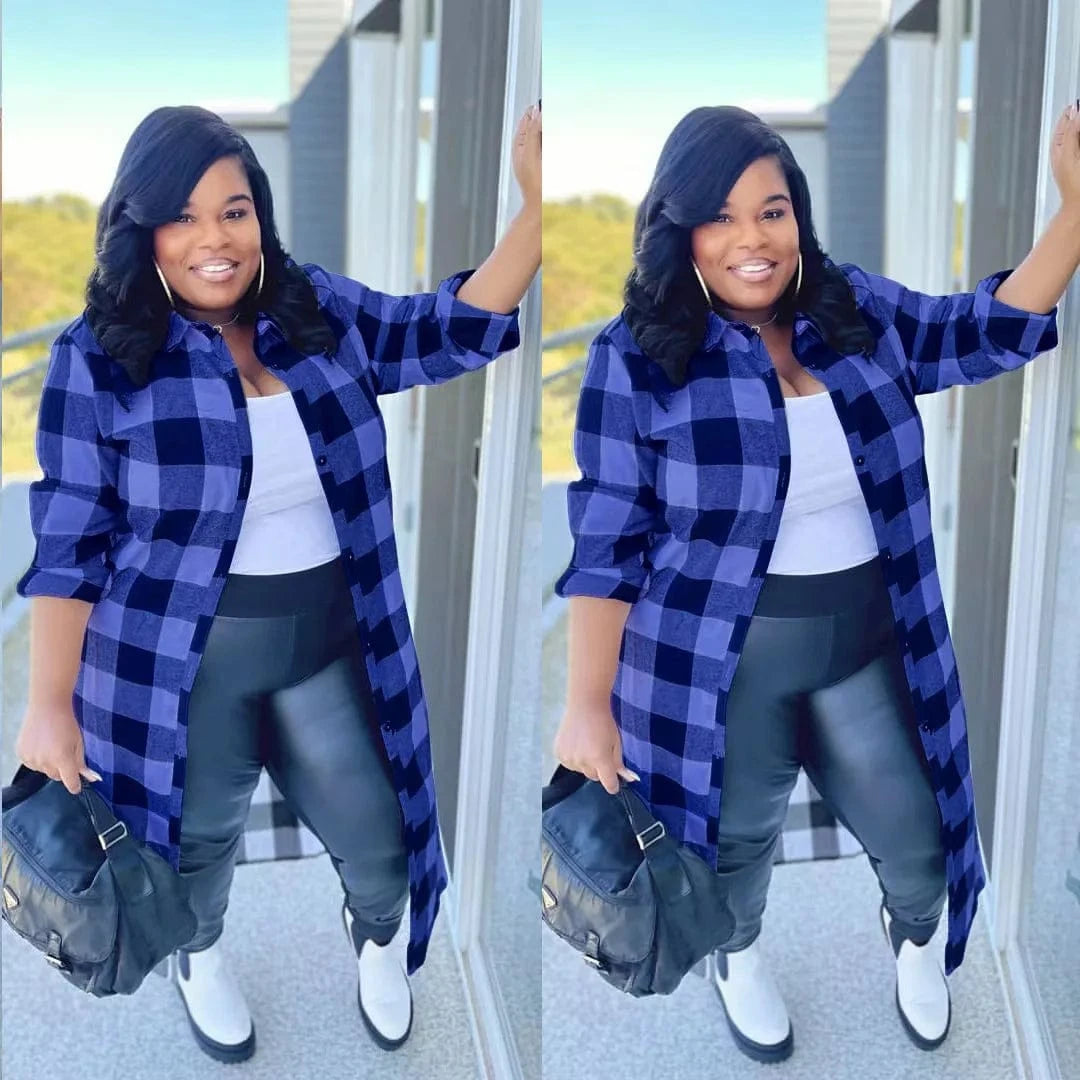 Plus size Long Sleeve Shirt Long Plaid Jacket Winter and Autumn Jacket Patchwork Plaid Jacket