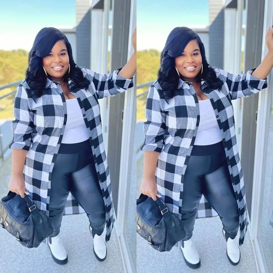 Plus size Long Sleeve Shirt Long Plaid Jacket Winter and Autumn Jacket Patchwork Plaid Jacket