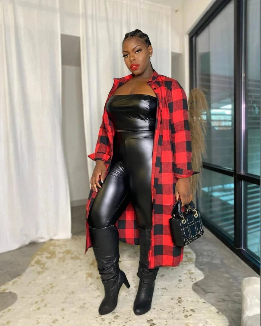 Plus size Long Sleeve Shirt Long Plaid Jacket Winter and Autumn Jacket Patchwork Plaid Jacket