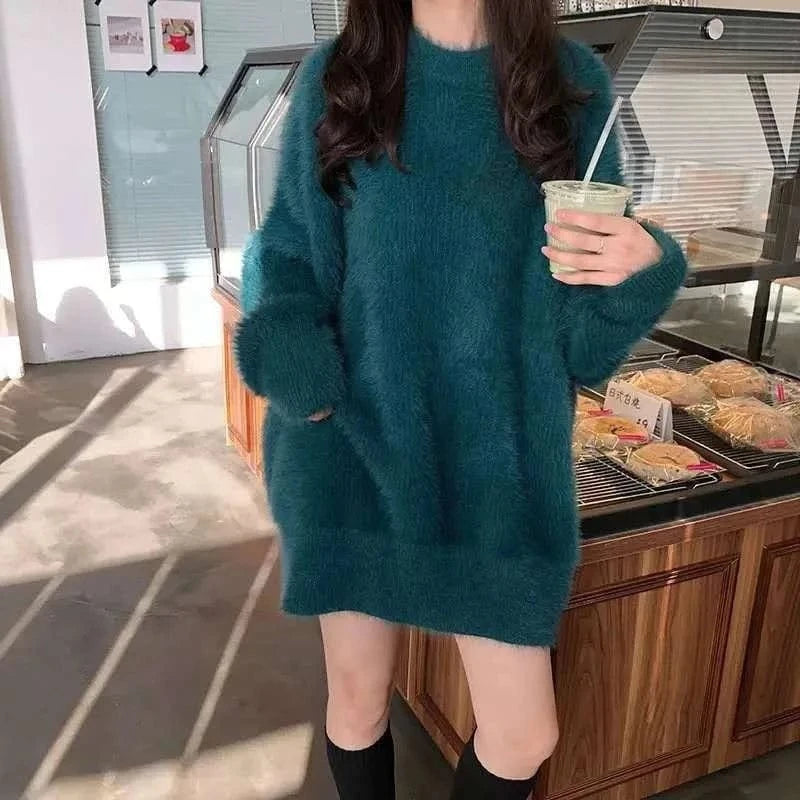 Plus Size / Malachite green 2024 Autumn/Winter high quality round neck long sleeve loose thick fashion women's plush knit pullover sweater