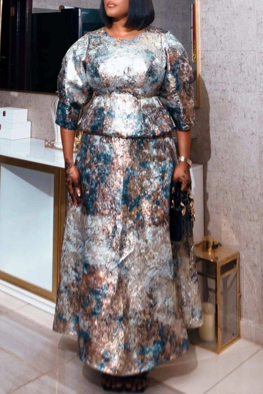 Plus Size Mother Of The Bride Elegant Grey All Over Print Round Neck 3/4 Sleeve Satin Two Piece Skirt Sets [