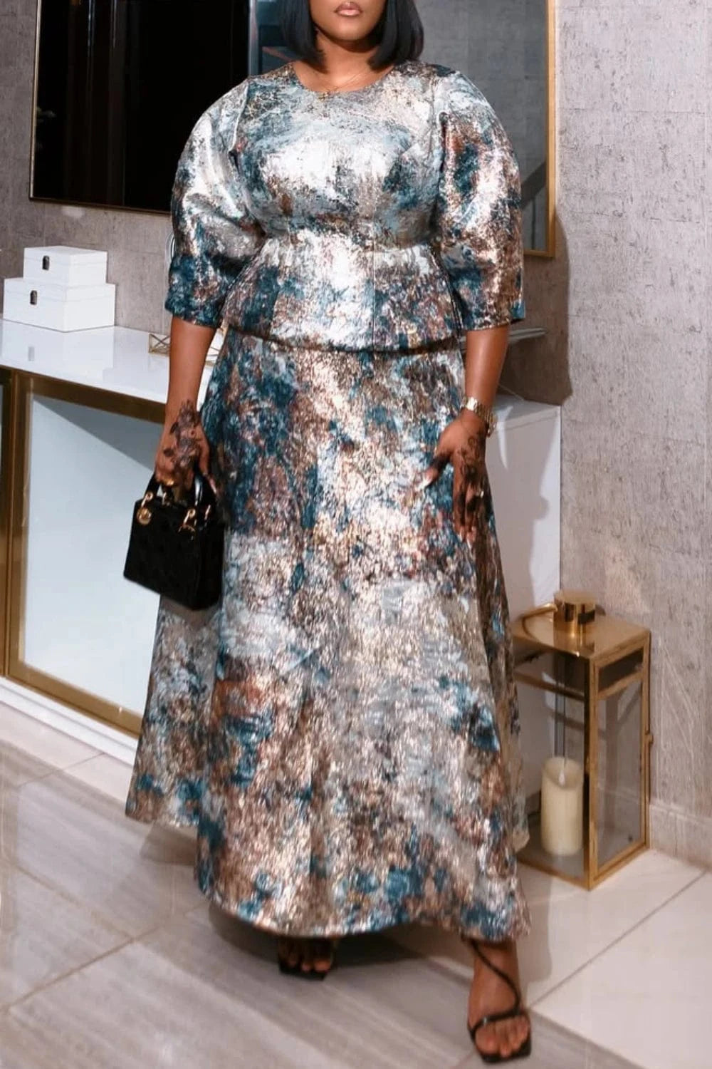 Plus Size Mother Of The Bride Elegant Grey All Over Print Round Neck 3/4 Sleeve Satin Two Piece Skirt Sets [