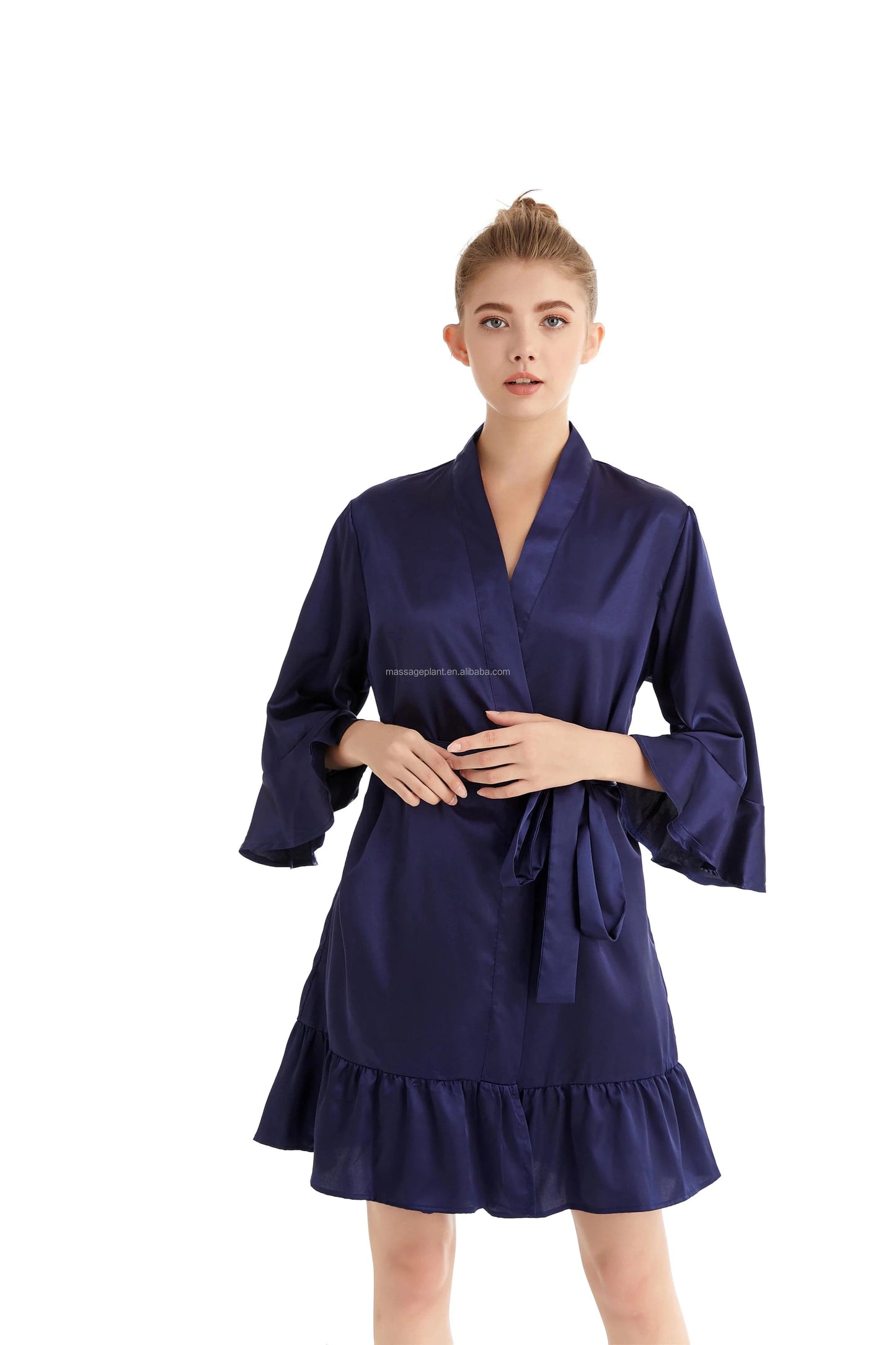 plus size / NAVY 2024 New 8238 Ruffle Satin Wedding Robes for Bridal Robes for Bridesmaid and Bride robes