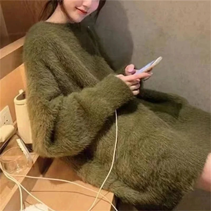 Plus Size / olive 2024 Autumn/Winter high quality round neck long sleeve loose thick fashion women's plush knit pullover sweater