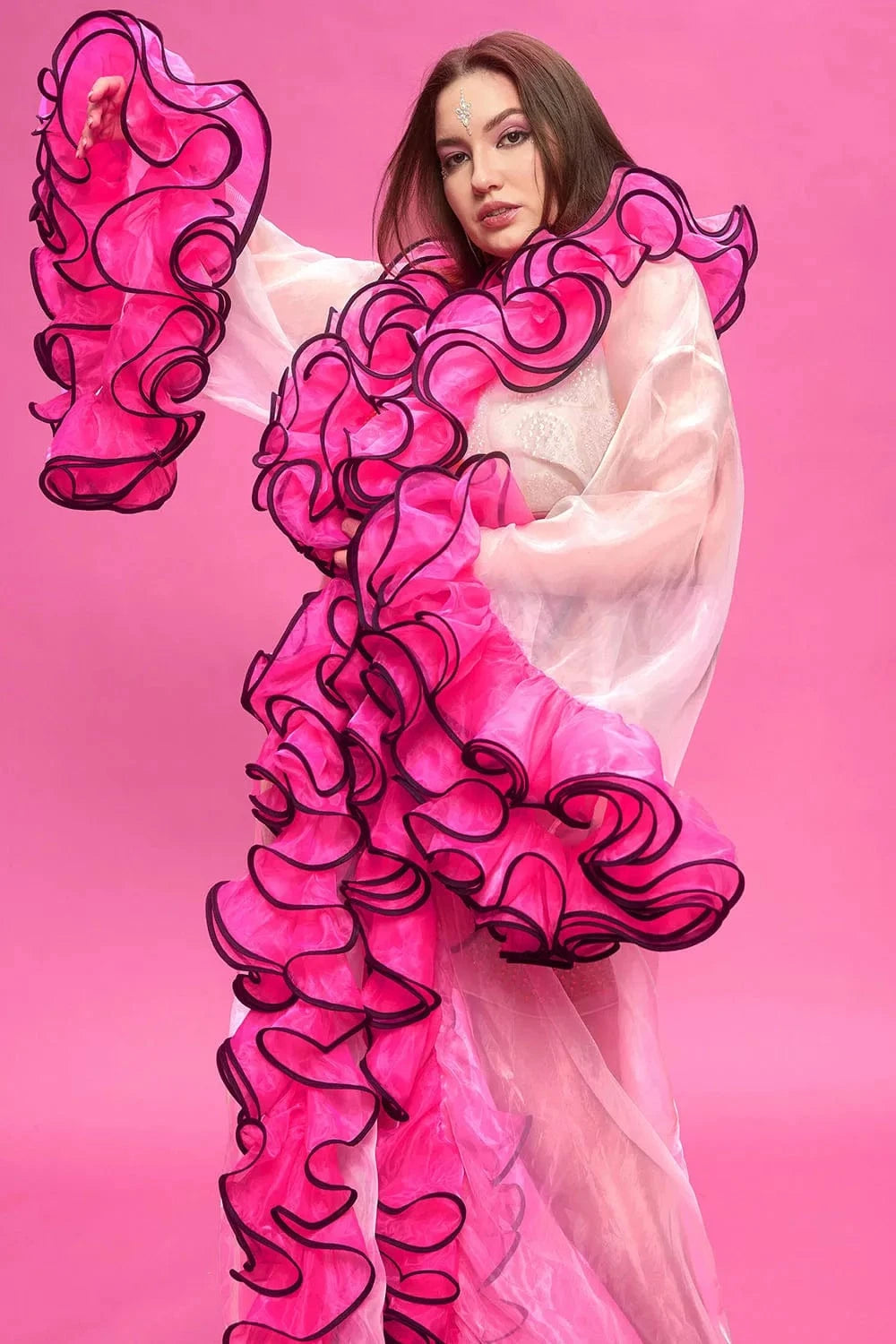 Plus Size Party Pink Autumn Winter Flare Long Sleeve Flounce Organza Cardigans