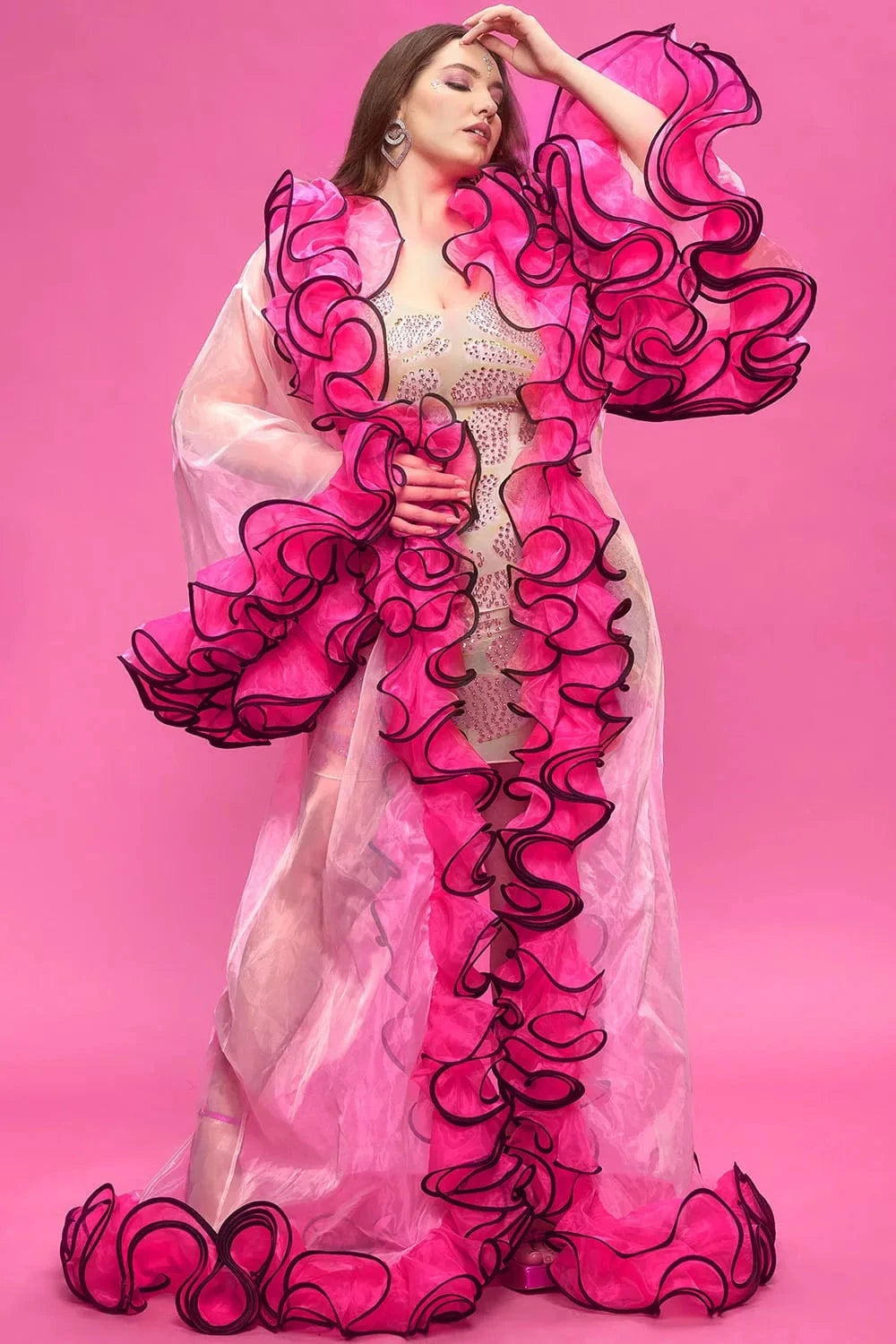 Plus Size Party Pink Autumn Winter Flare Long Sleeve Flounce Organza Cardigans
