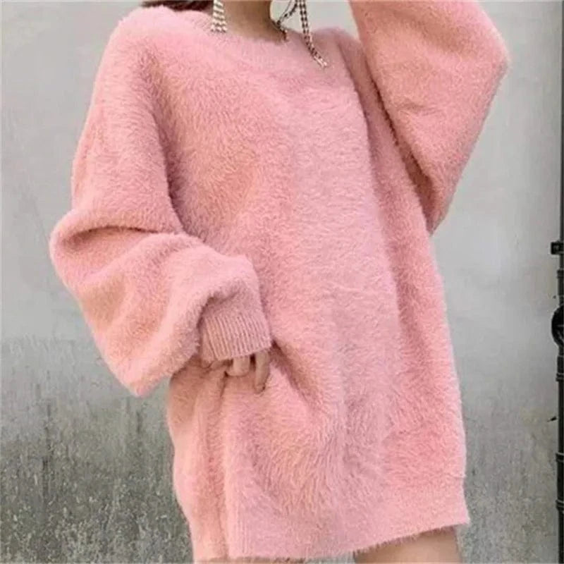 Plus Size / Pink 2024 Autumn/Winter high quality round neck long sleeve loose thick fashion women's plush knit pullover sweater
