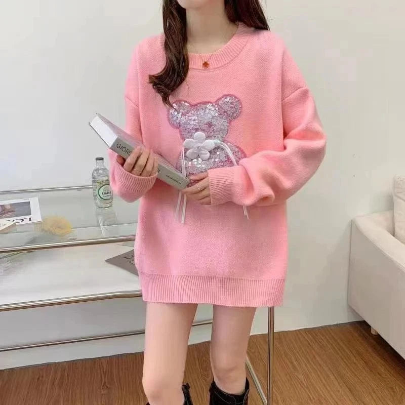 Plus Size / Pink 2024 early spring fashionable women new arrival round neck loose fit luxury high quality bear beading pullover sweater