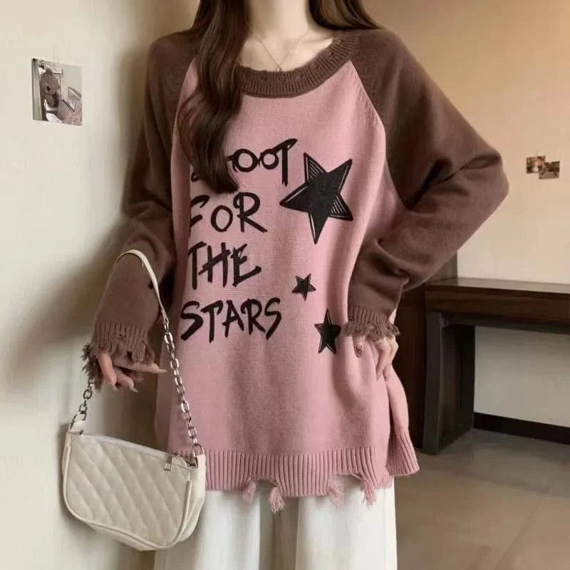 Plus Size / Pink 2024 Spring autumn new arrivals best-selling high quality o neck long sleeve slim cartoon letter print women pullover sweater