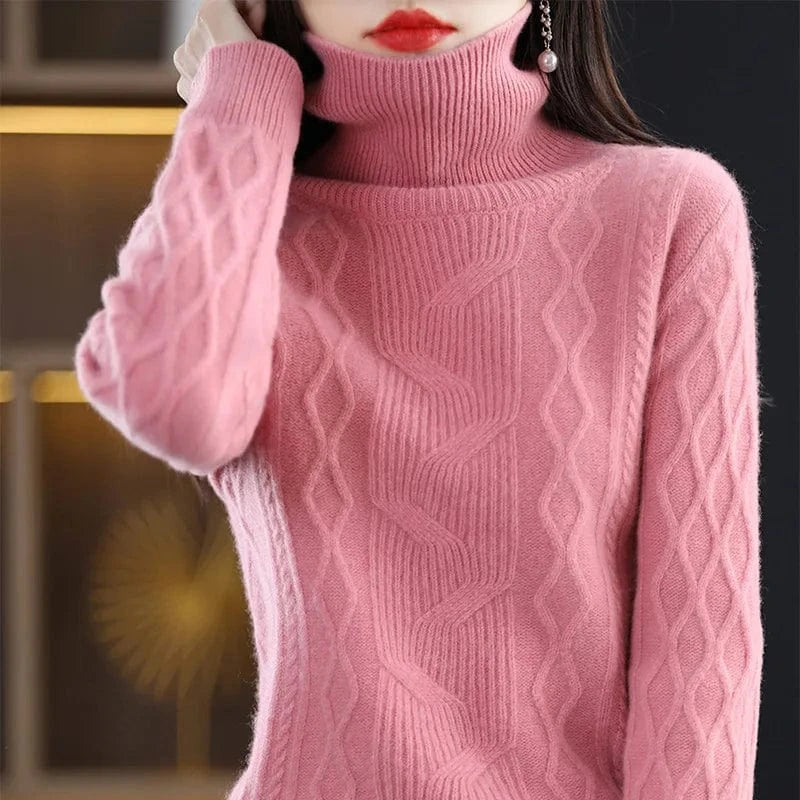 Plus Size / Pink Spring and autumn best-selling high-quality fashion women's solid color semi-turtleneck long-sleeved loose knit pullover sweater