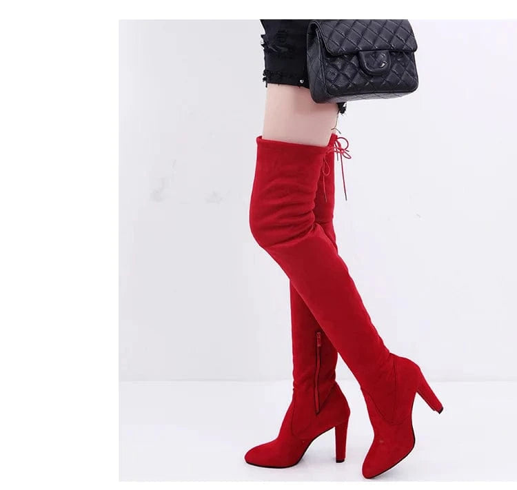 Plus Size Pointed Toe Red Women Boots Fashion Lace up Zipper Slip On Thick Heel Stretch Fabric Over Knee Women Boots