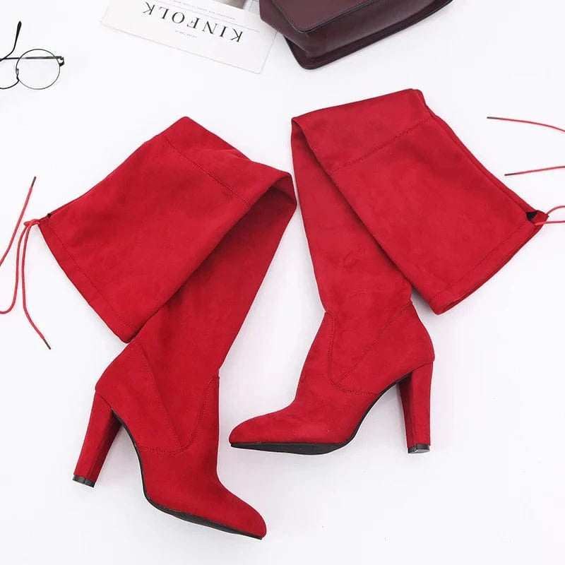 Plus Size Pointed Toe Red Women Boots Fashion Lace up Zipper Slip On Thick Heel Stretch Fabric Over Knee Women Boots