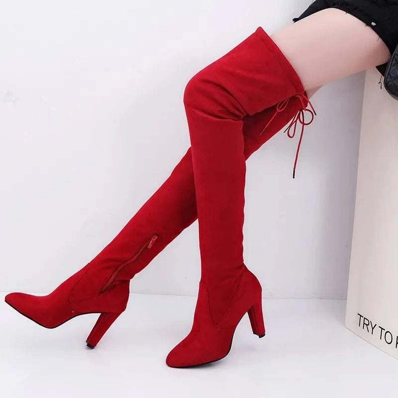 Plus Size Pointed Toe Red Women Boots Fashion Lace up Zipper Slip On Thick Heel Stretch Fabric Over Knee Women Boots