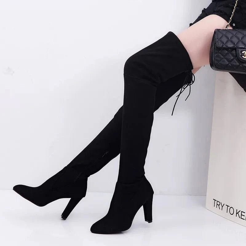 Plus Size Pointed Toe Red Women Boots Fashion Lace up Zipper Slip On Thick Heel Stretch Fabric Over Knee Women Boots