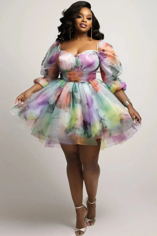 Plus Size Prom Multicolor Milkmaid Floral Square Neck 3/4 Sleeve Organza Mini Dresses