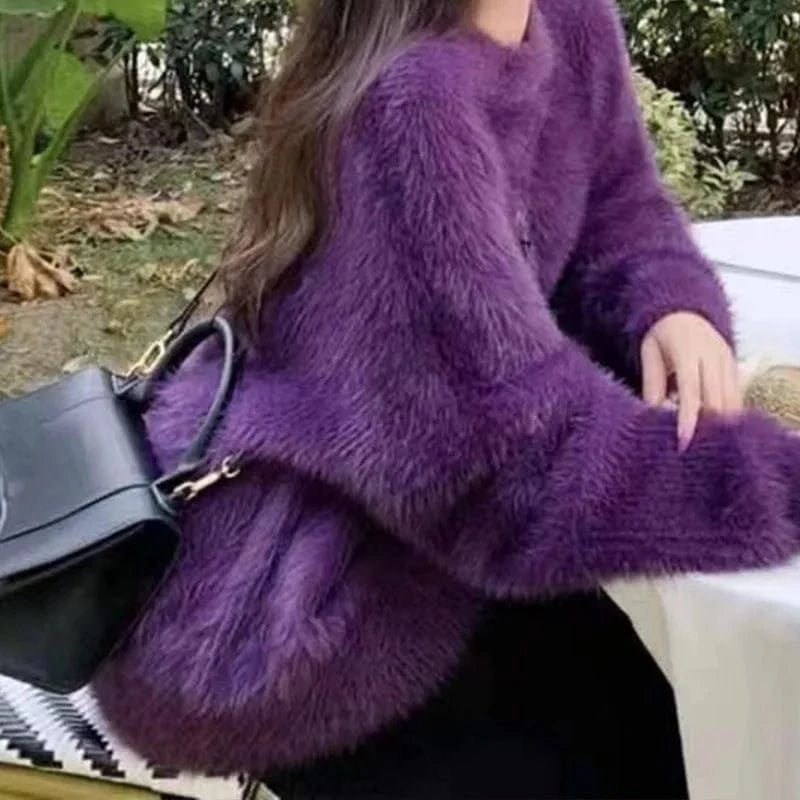 Plus Size / Purple 2024 Autumn/Winter high quality round neck long sleeve loose thick fashion women's plush knit pullover sweater