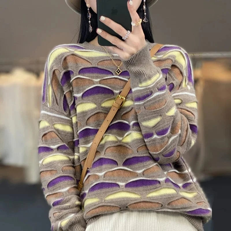 Plus Size / Purple 2024 Spring and autumn high-quality best-selling fashion women's striped crew collar long sleeve loose jacquard knit sweater