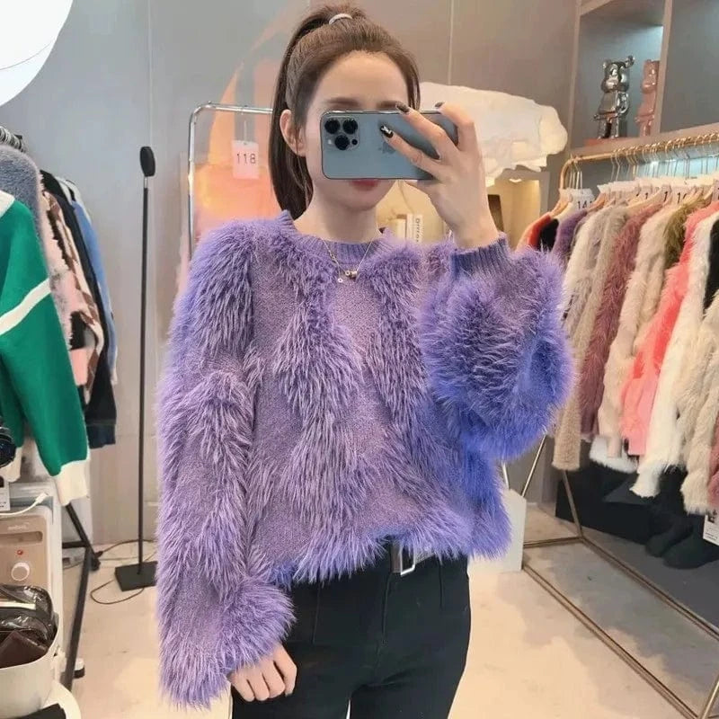 Plus Size / Purple 2024 spring and autumn high-quality fashion women's best-selling solid color plush long-sleeved crew-neck loose sweater