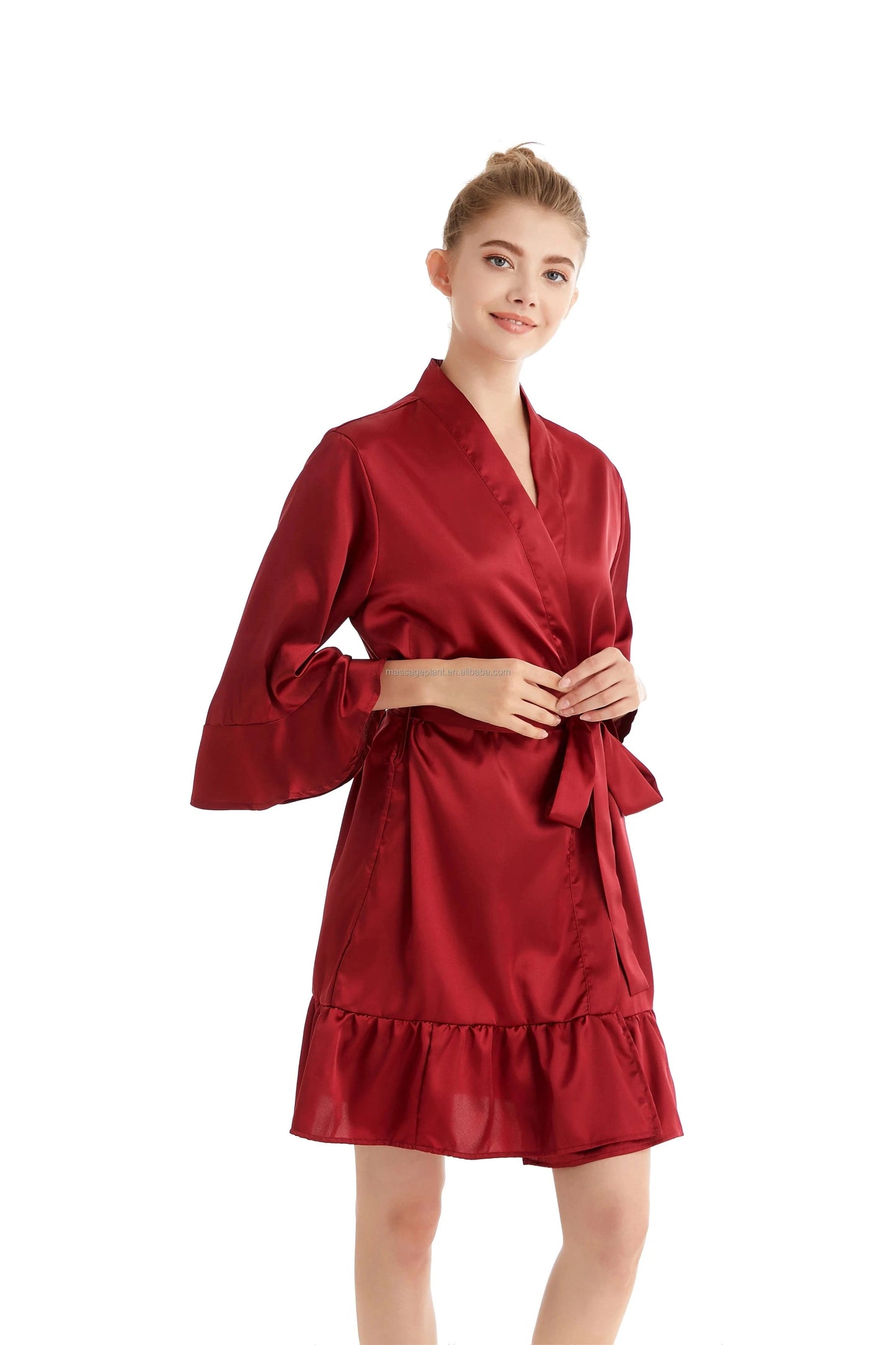 plus size / Red 2024 New 8238 Ruffle Satin Wedding Robes for Bridal Robes for Bridesmaid and Bride robes