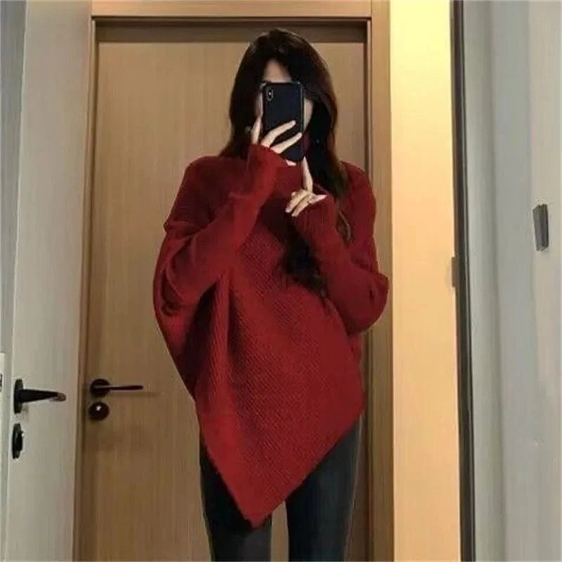Plus Size / Red 2024 Spring and autumn high-quality fashion women's best-selling solid color long-sleeved turtleneck loose pullover sweater