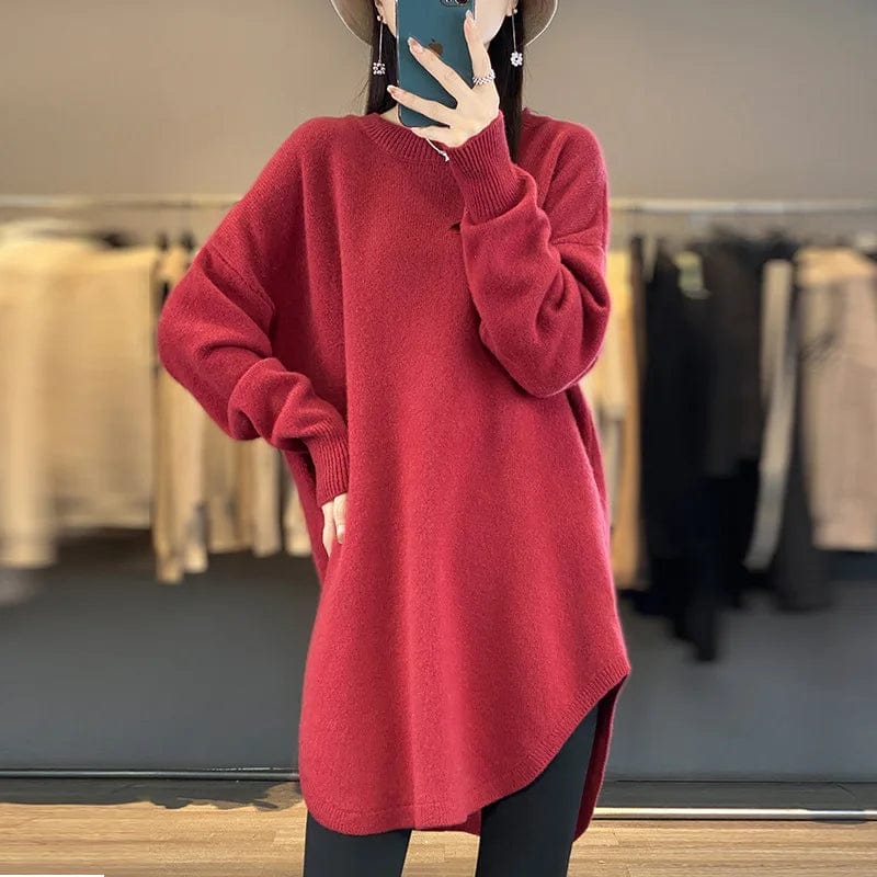 Plus Size / Red 2024 spring new arrivals best-selling women's high-quality crew-neck solid color long-sleeved pullover long sweater