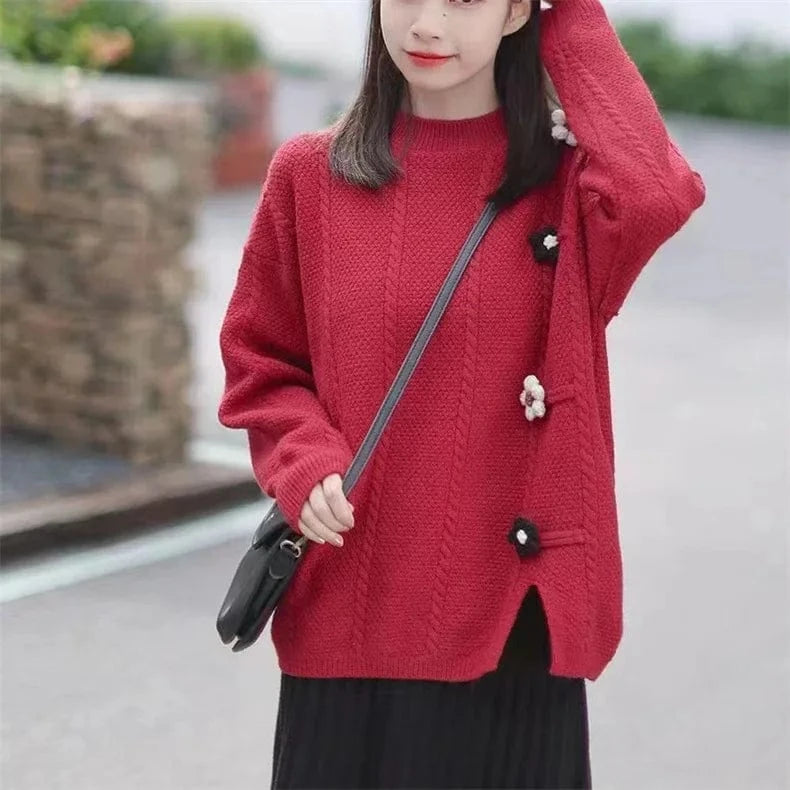 Plus size / Red 2025 Spring new arrival fashion lady crew neck long sleeve flower decorative high quality jumper