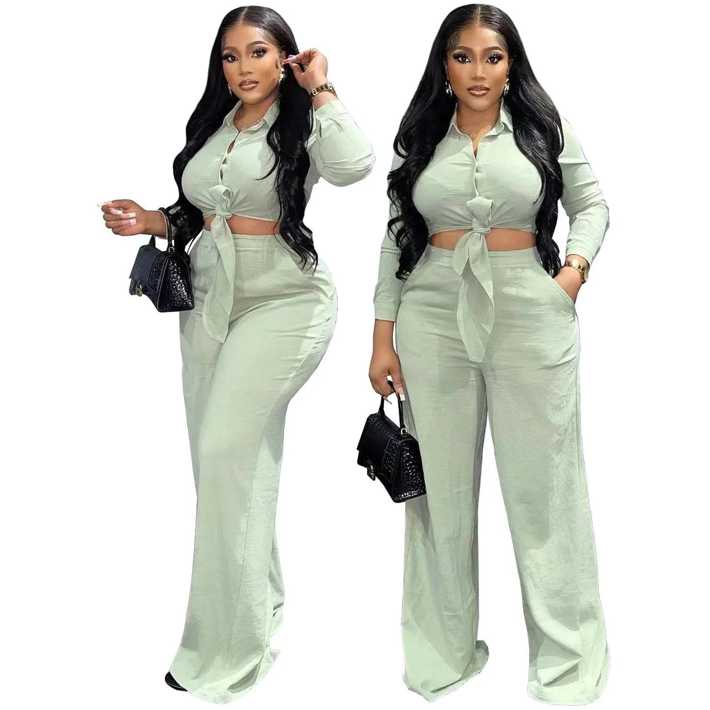Plus Size S-3XL Womens Set Ladies Wide Leg Pants 2 Piece Set Button Casual Clothing Flare Two Piece Pants Set Women Clothing
