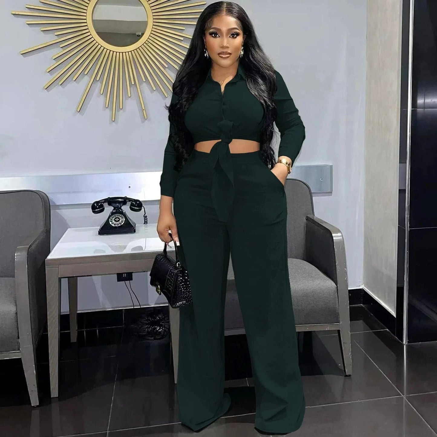 Plus Size S-3XL Womens Set Ladies Wide Leg Pants 2 Piece Set Button Casual Clothing Flare Two Piece Pants Set Women Clothing