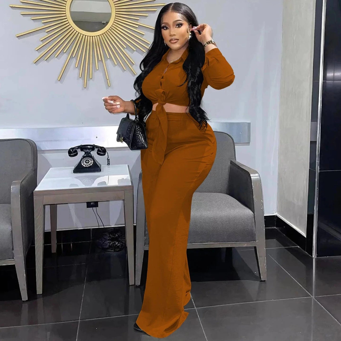 Plus Size S-3XL Womens Set Ladies Wide Leg Pants 2 Piece Set Button Casual Clothing Flare Two Piece Pants Set Women Clothing