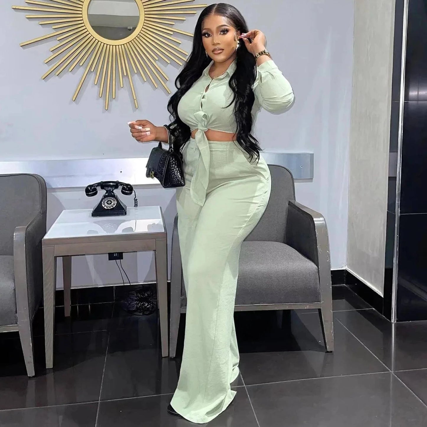 Plus Size S-3XL Womens Set Ladies Wide Leg Pants 2 Piece Set Button Casual Clothing Flare Two Piece Pants Set Women Clothing