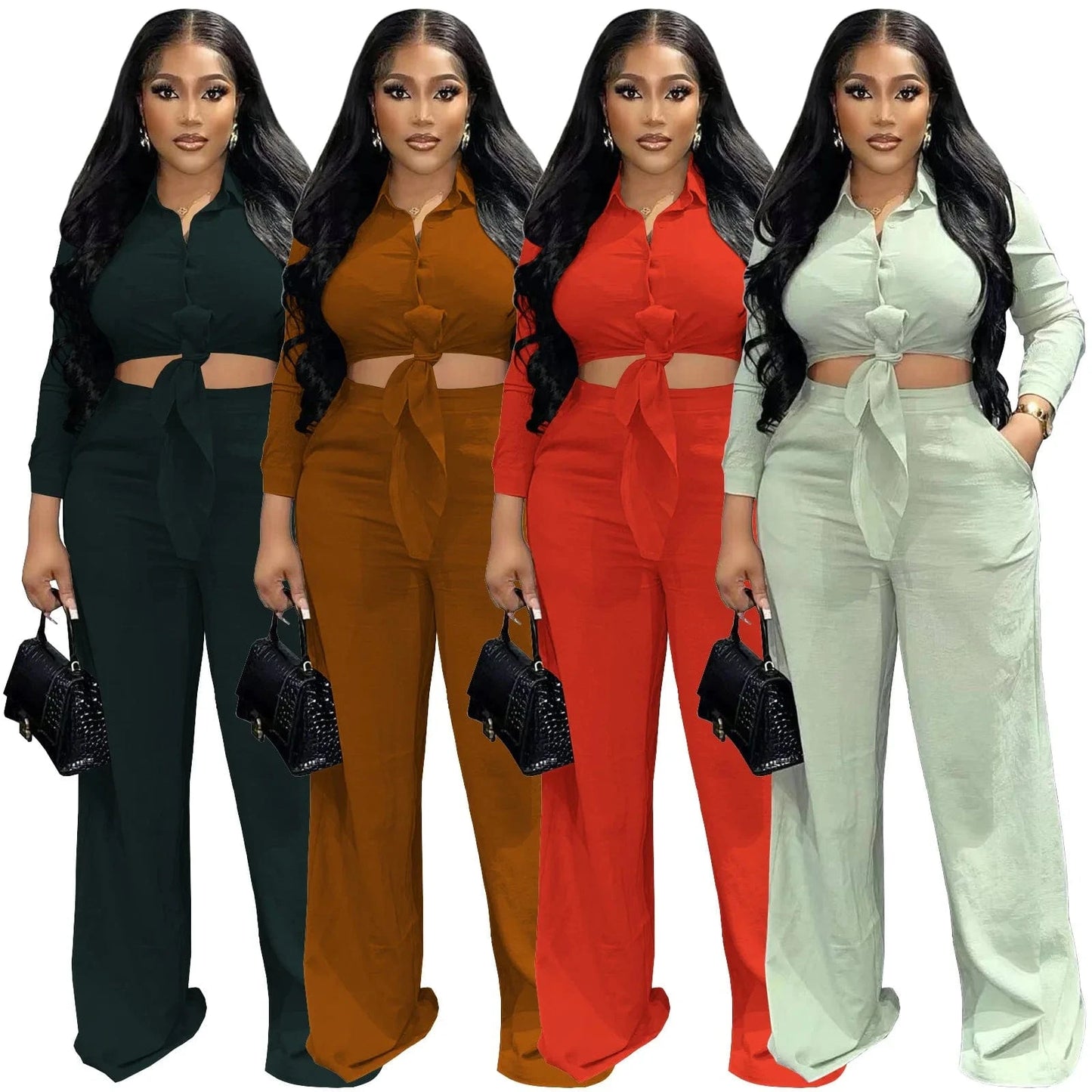 Plus Size S-3XL Womens Set Ladies Wide Leg Pants 2 Piece Set Button Casual Clothing Flare Two Piece Pants Set Women Clothing