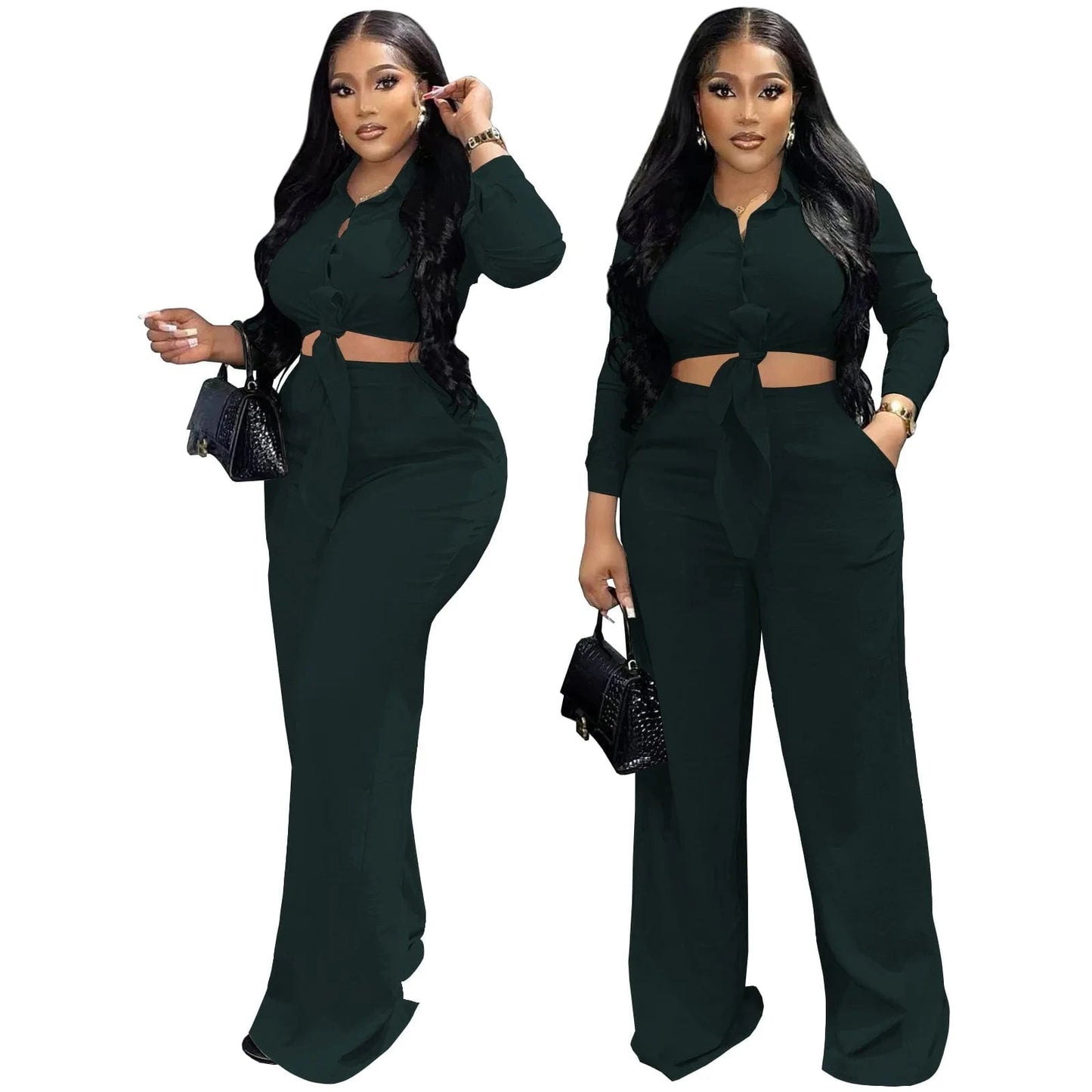 Plus Size S-3XL Womens Set Ladies Wide Leg Pants 2 Piece Set Button Casual Clothing Flare Two Piece Pants Set Women Clothing
