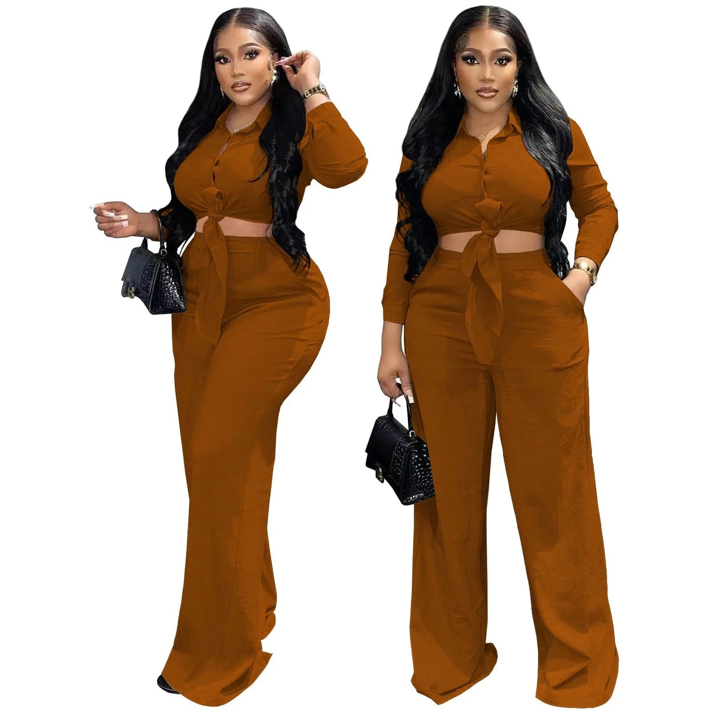 Plus Size S-3XL Womens Set Ladies Wide Leg Pants 2 Piece Set Button Casual Clothing Flare Two Piece Pants Set Women Clothing