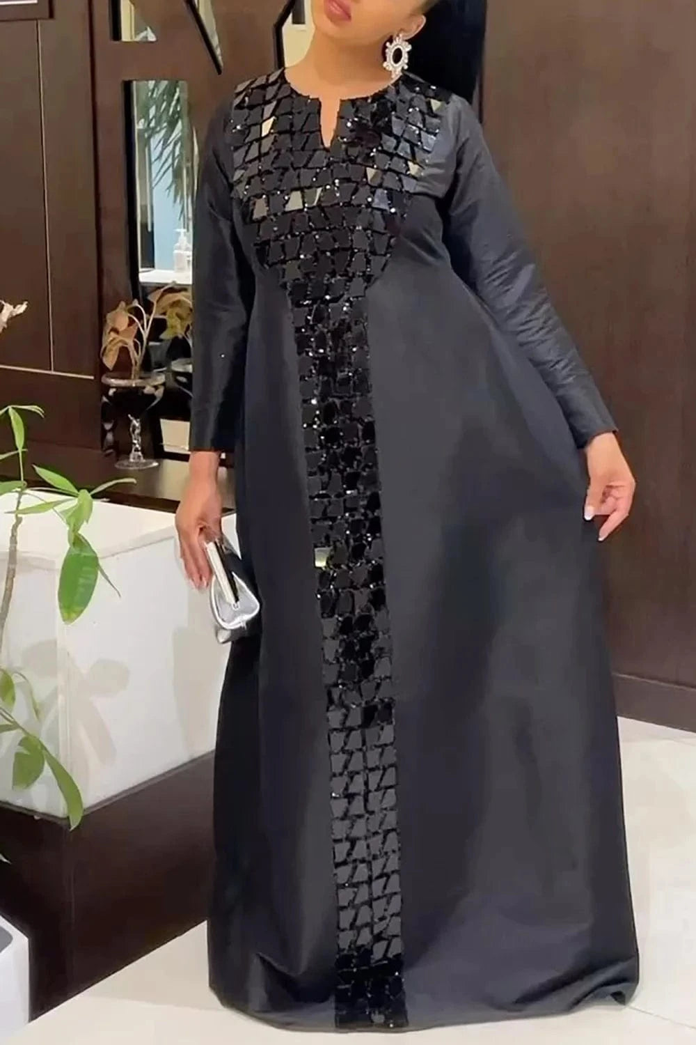 Plus Size Semi Formal Dress Black Satin Sequin Long Sleeve Maxi Dress 2025 Womens