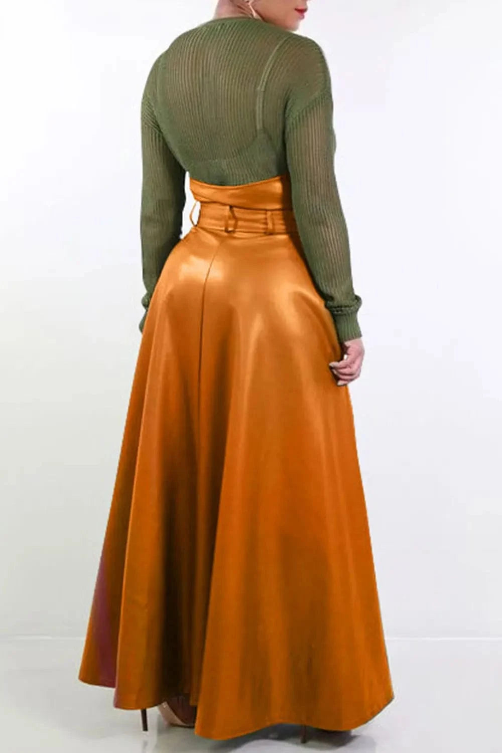 Plus Size Semi Formal Skirt Brown Casual Fall Winter Long Split PU Leather Skirt