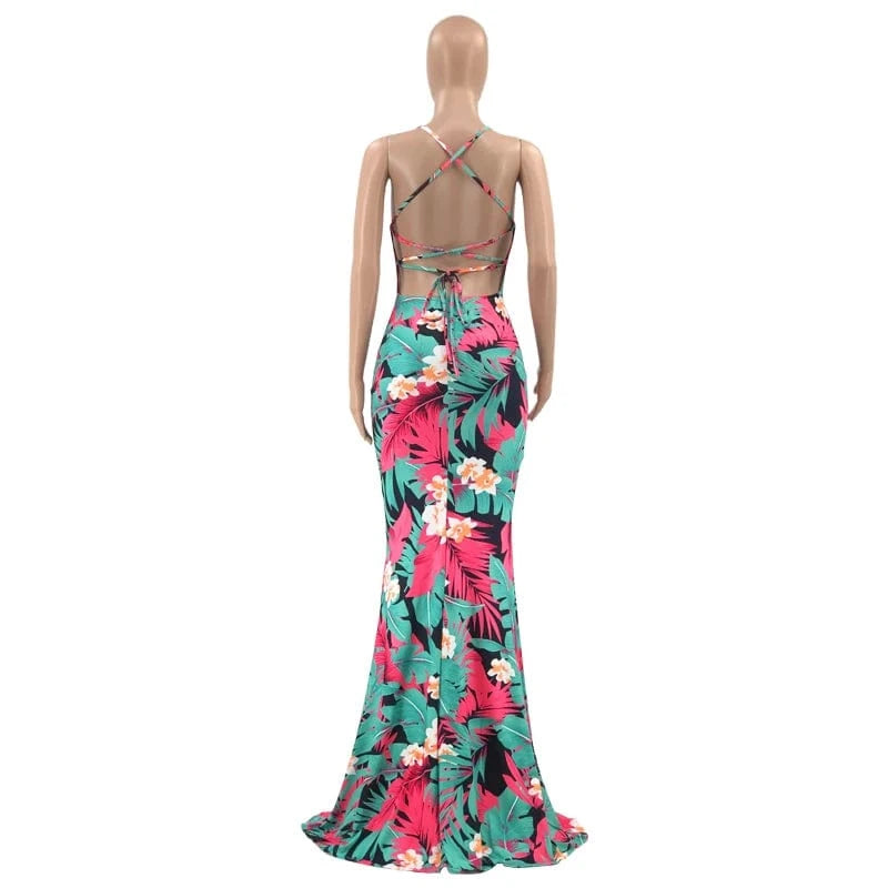plus size spaghetti strap dress sundress women's  backless maxi boho summer floral dresses