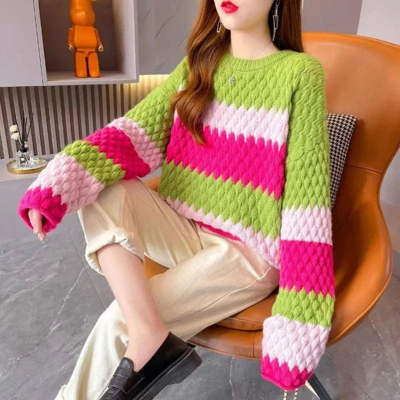 Plus size / stripe Spring new arrival fashion lady round neck batwing sleeve loose fit rainbow knit pullover sweaters